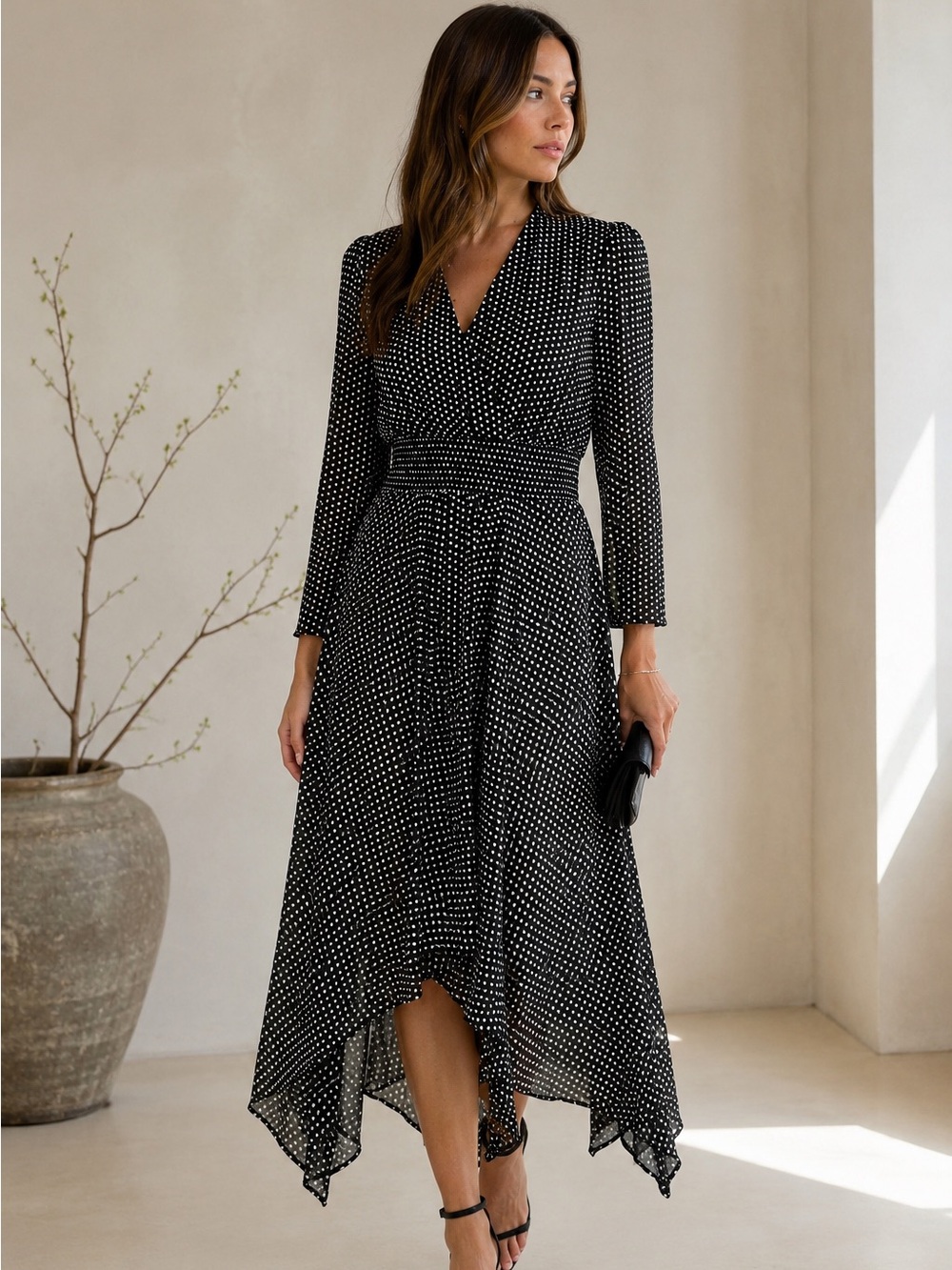 Maje Polka Dot Chiffon Asymmetric Maxi Dress Smocked Waist US Sz Small